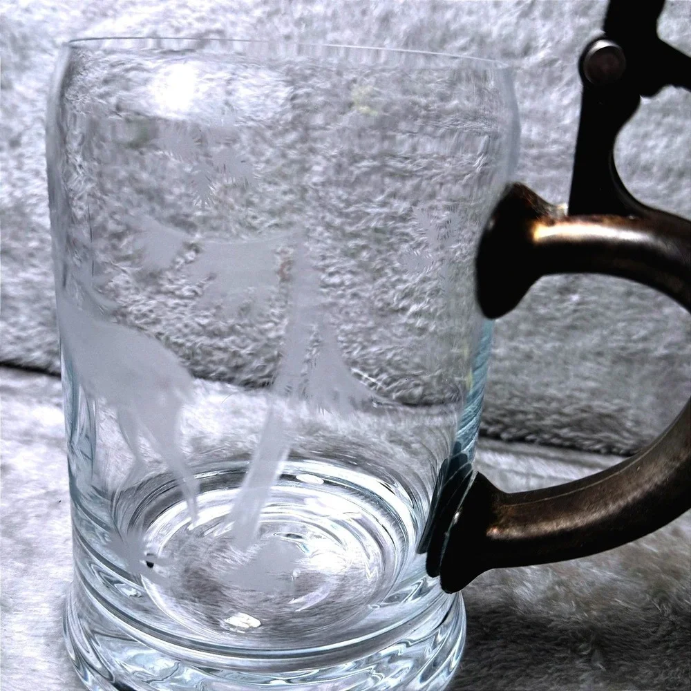 Beer Stein Vintage‎ Etched Glass Pewter Lid Stag Deer Forest Scene German Style